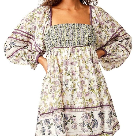 Free People Endless Afternoon Floral Mini Dress-Bohemian Puff Sleeve Mini-Medium - Picture 1 of 13